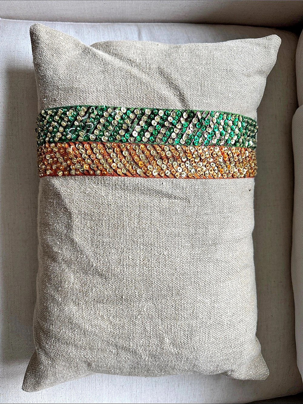 Patch NYC  Embellished Accent Pillow in Beige & Green & Orange